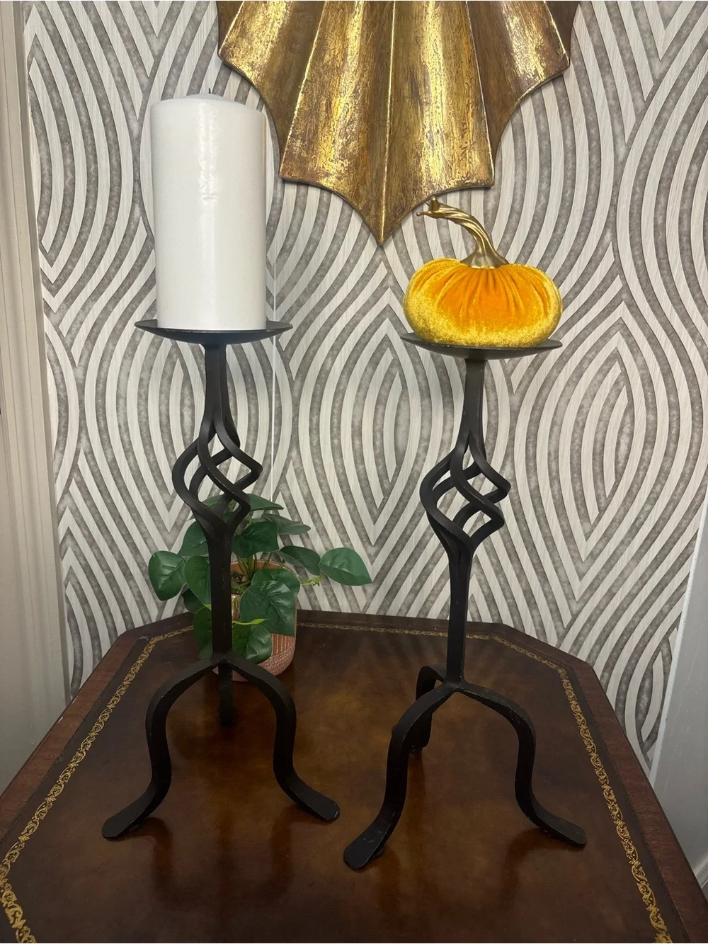 Two vintage wrought iron bronze candle stick holders